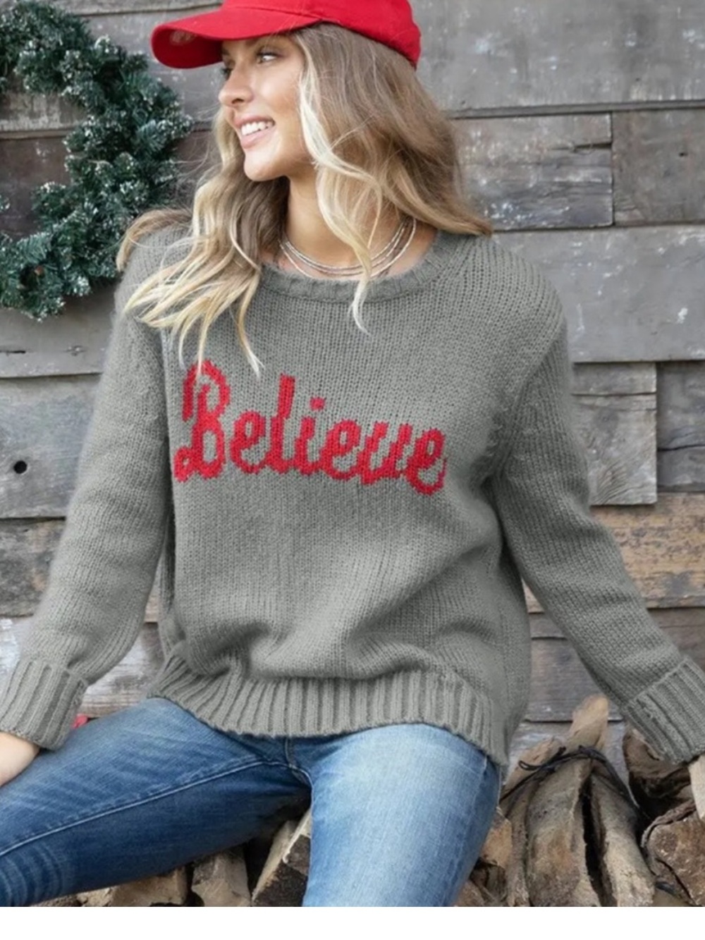 Wooden Ships Believe Sweater XL Gray Red Mohair Wool Blend Holiday Christmas